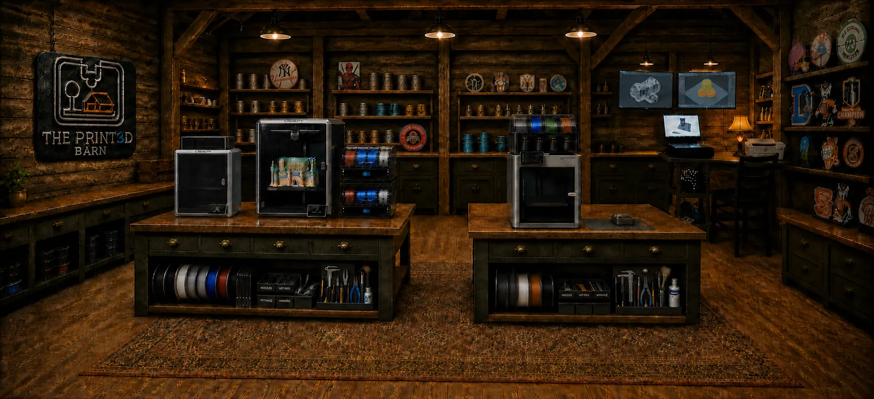 The Print3D Barn workshop with printers, tools, and display shelves