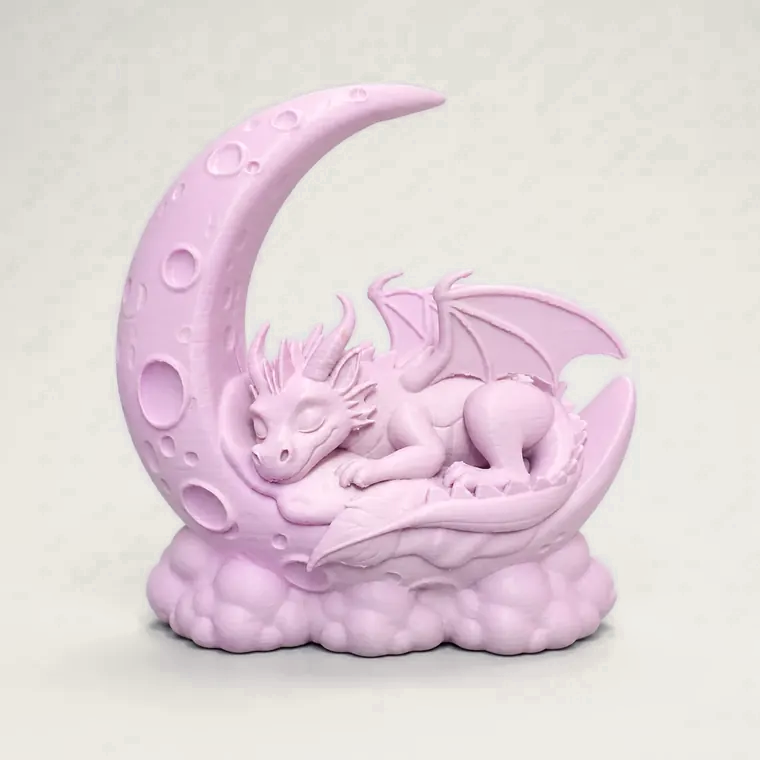 Pink sleeping dragon on a crescent moon