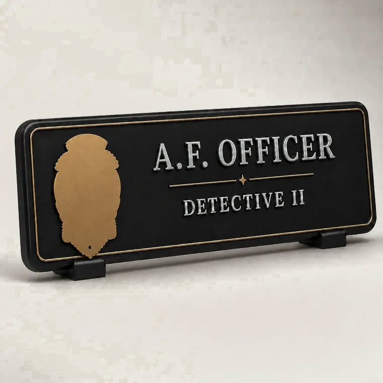 Personalized law-enforcement desk nameplate with badge and role plaque
