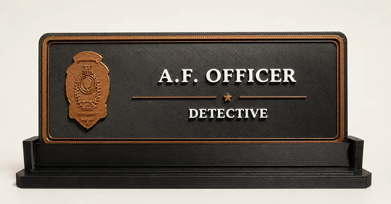 Personalized detective desk nameplate with badge and stand