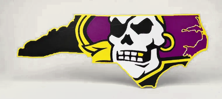 Purple and gold Pirates mascot sign