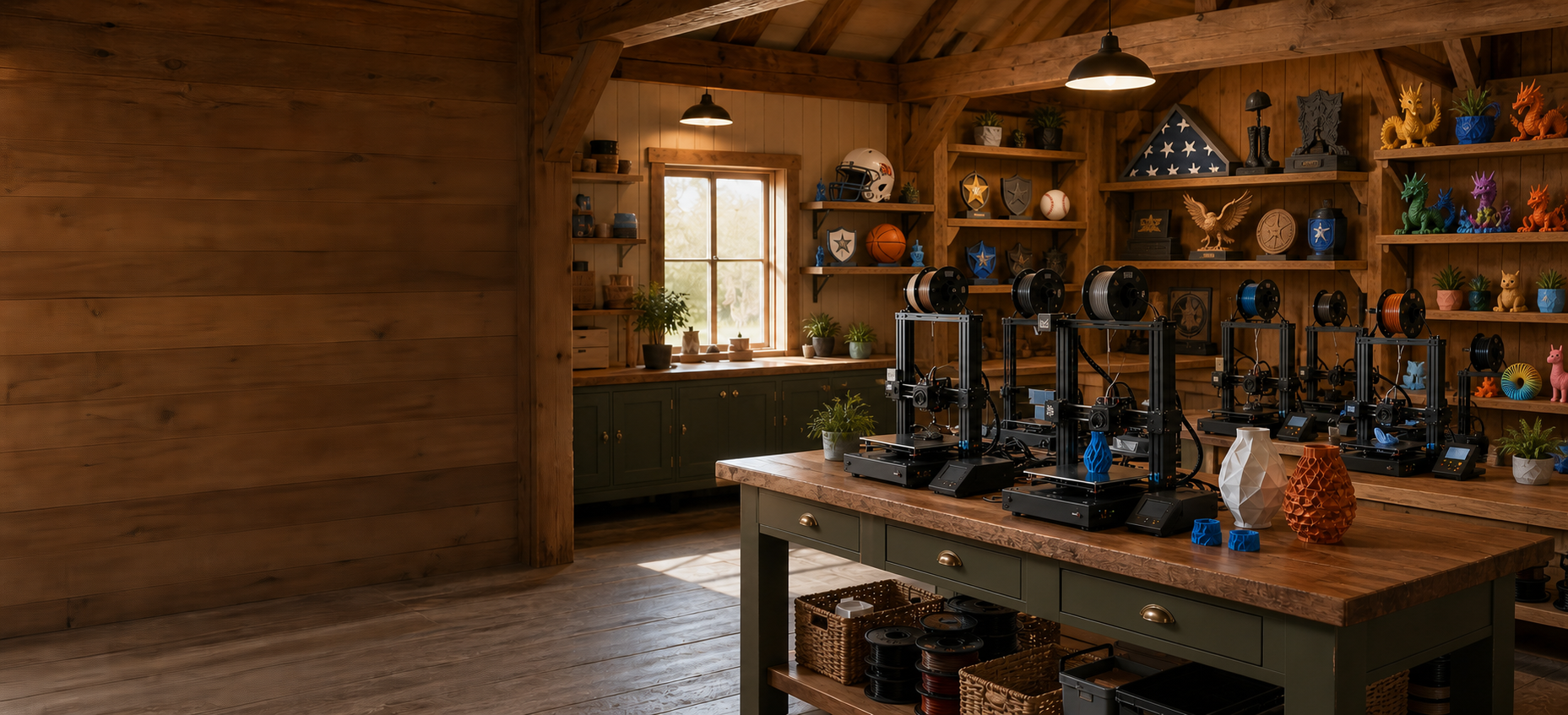 A warm wood workshop with a 3D printer and finished prints